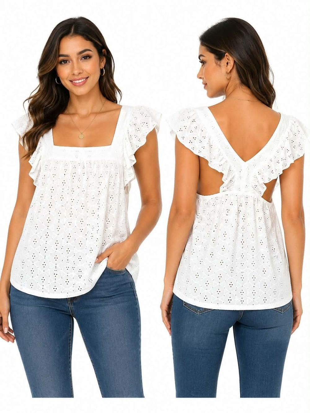 White Eyelet Ruffle Back Cutout Blouse